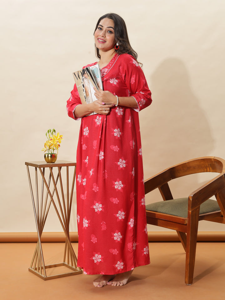 Red Embroidered Designer Nighty for Women With Stylish & Cozy