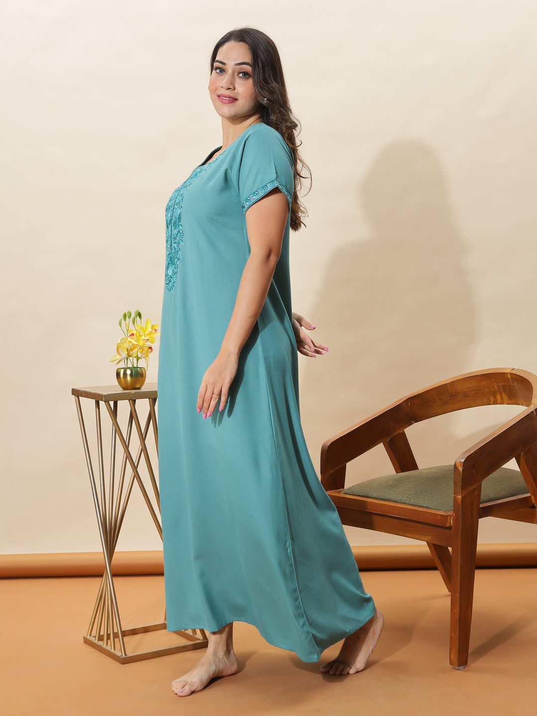 Sadabahar Sea Glass Embroidered Nighty for Women With Stylish Comfort