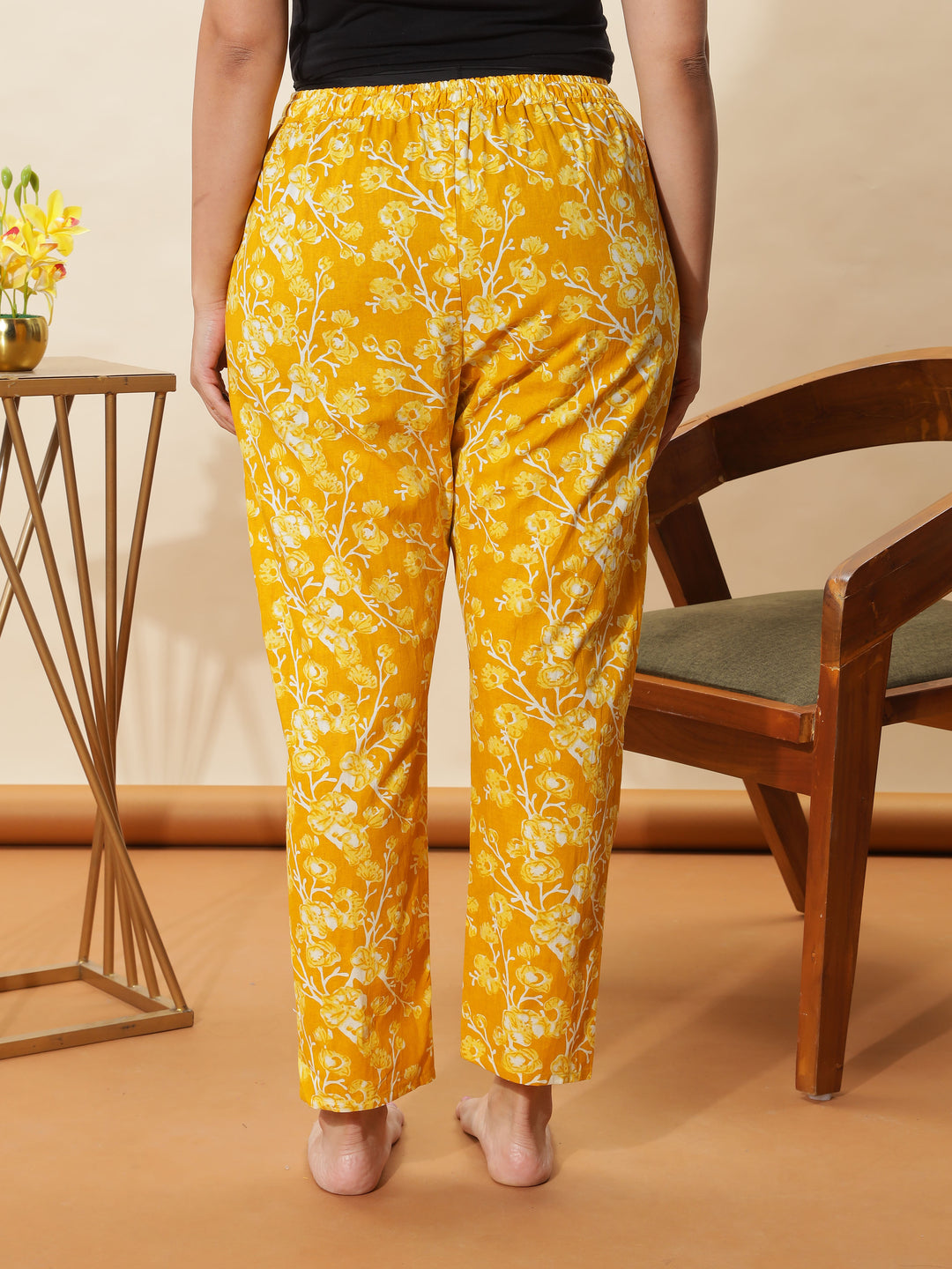 Trendy Mustard Yellow Floral Cotton Pyjama Set for Women