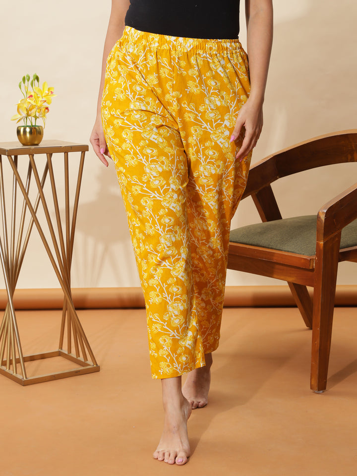 Trendy Mustard Yellow Floral Cotton Pyjama Set for Women