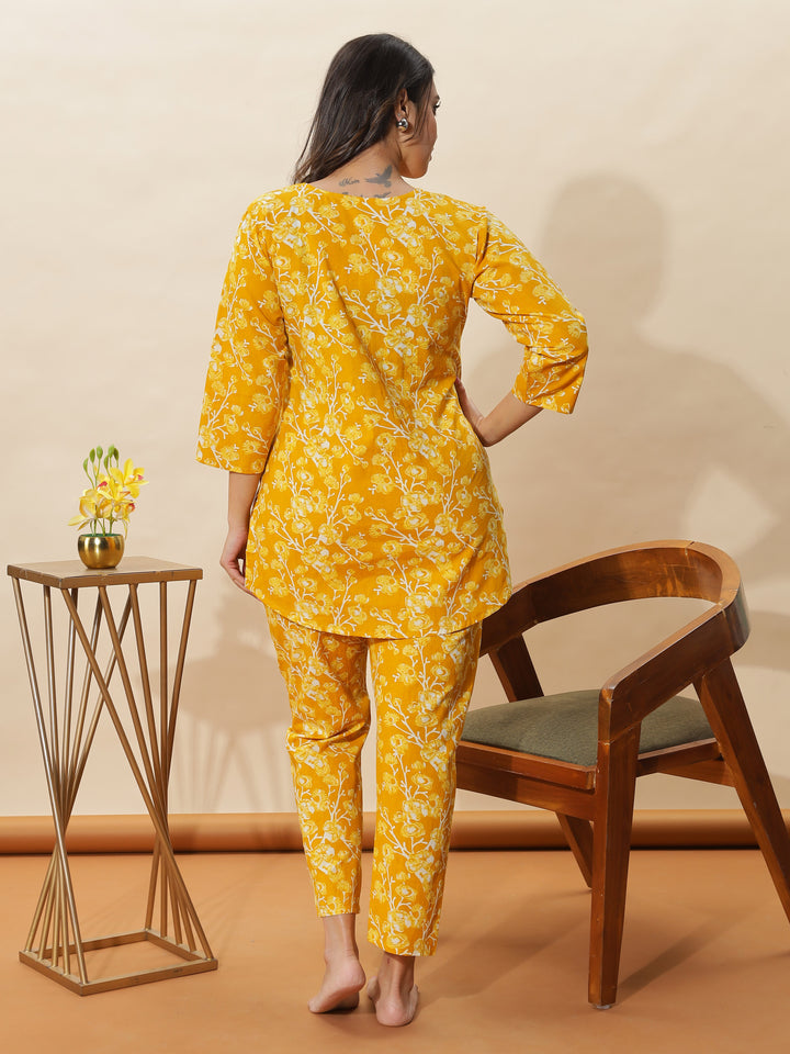 Trendy Mustard Yellow Floral Cotton Pyjama Set for Women