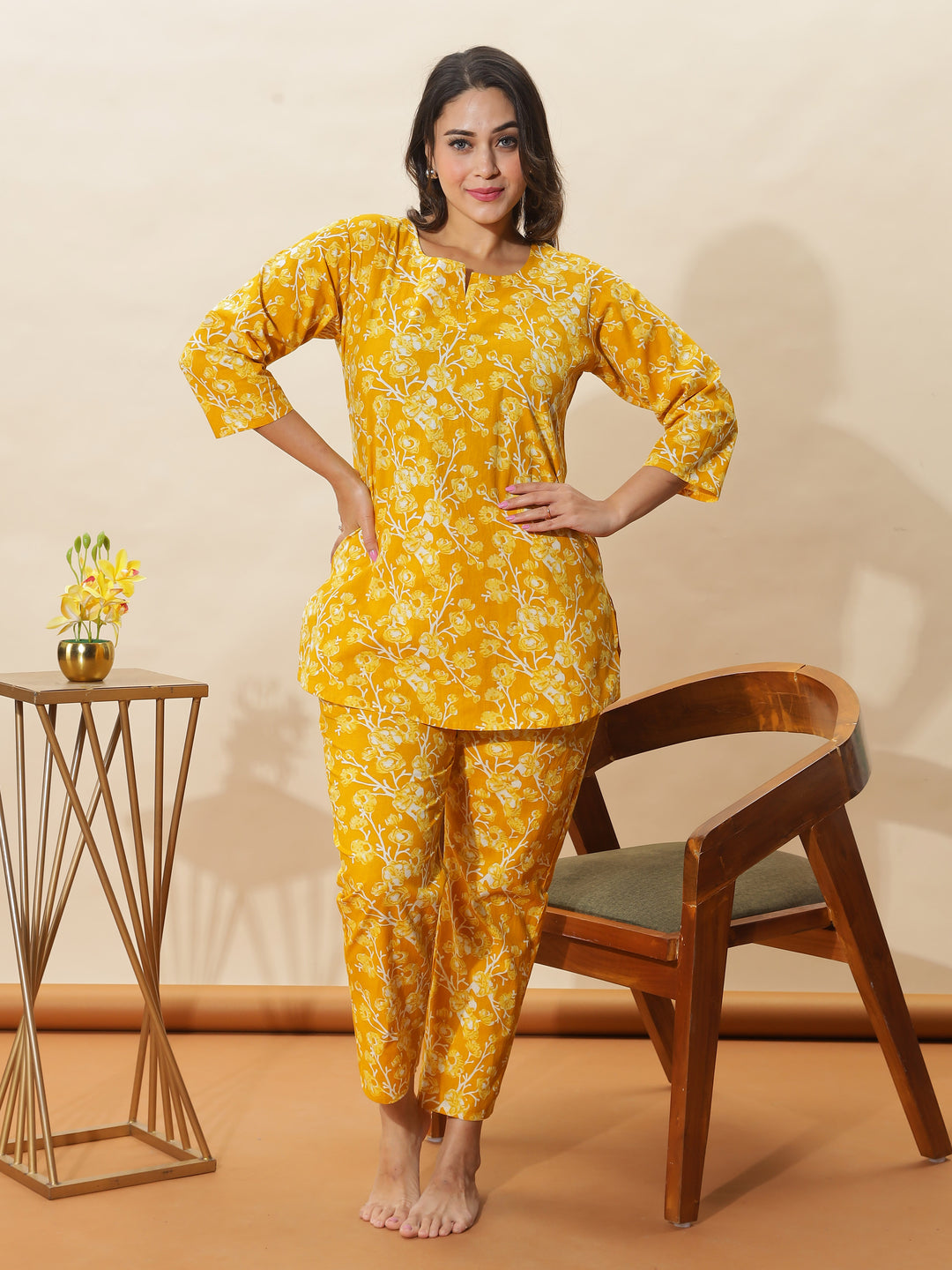 Trendy Mustard Yellow Floral Cotton Pyjama Set for Women