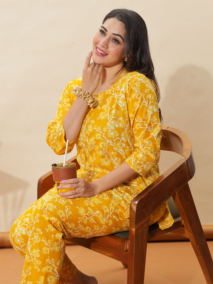 Trendy Mustard Yellow Floral Cotton Pyjama Set for Women