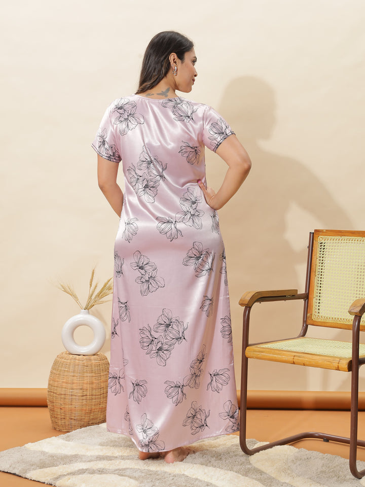 Elegant Blush Pink Floral Satin Nighty for Women