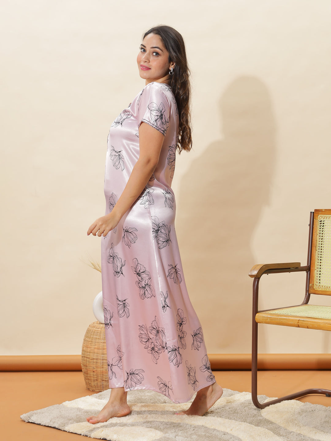 Elegant Blush Pink Floral Satin Nighty for Women