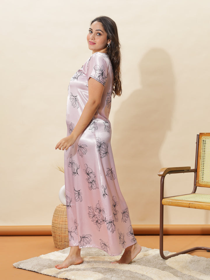 Elegant Blush Pink Floral Satin Nighty for Women