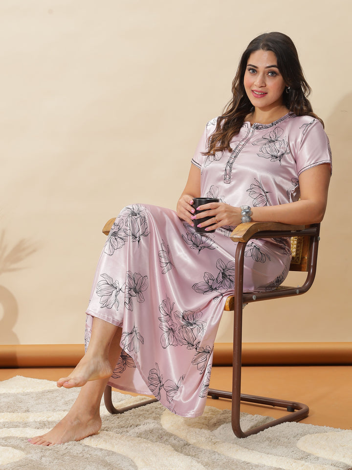 Elegant Blush Pink Floral Satin Nighty for Women