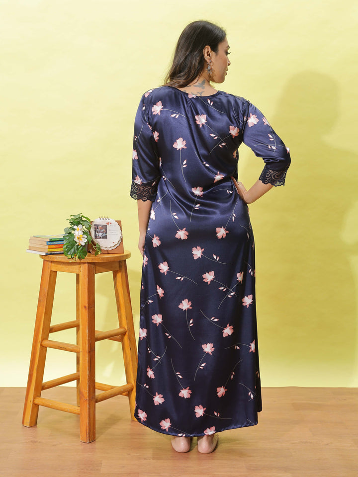 Deep Blue Satin Nightdress for Women With Elegant Floral Design