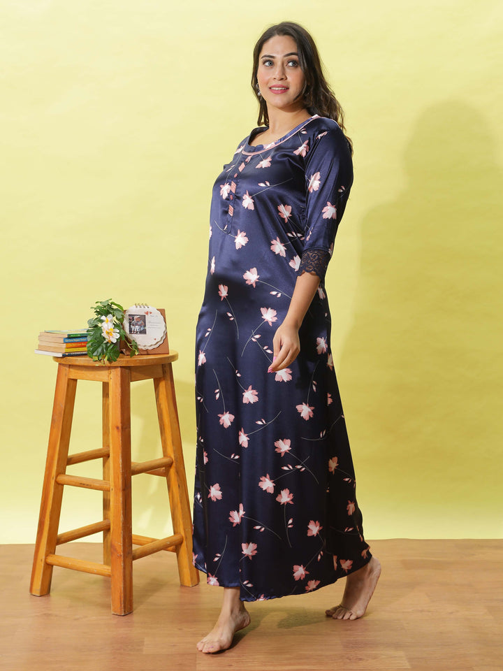 Deep Blue Satin Nightdress for Women With Elegant Floral Design