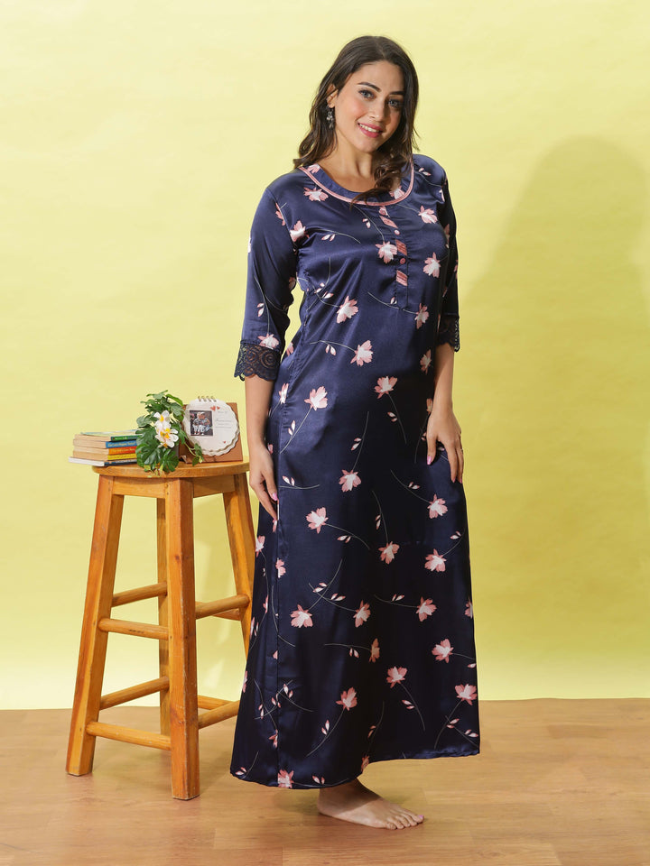 Deep Blue Satin Nightdress for Women With Elegant Floral Design