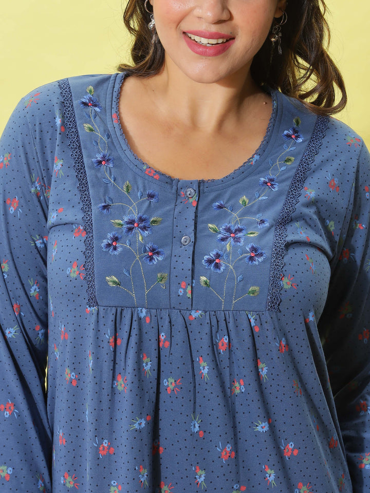 Powder Blue Floral Nighty with Embroidery & 3/4th Sleeves