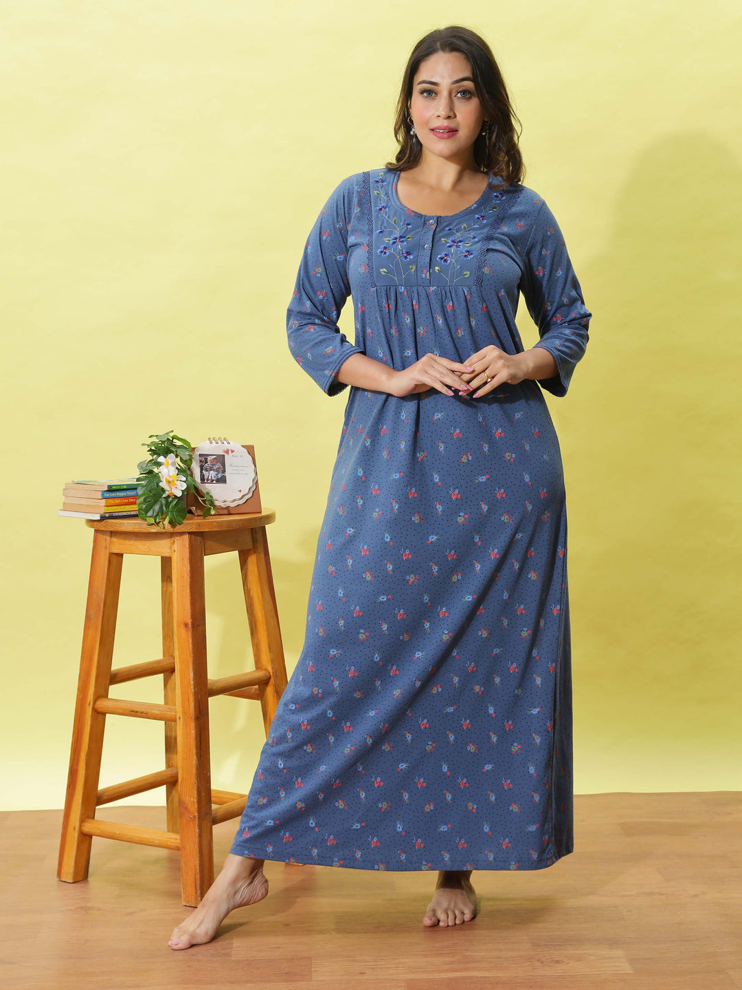 Powder Blue Floral Nighty with Embroidery & 3/4th Sleeves