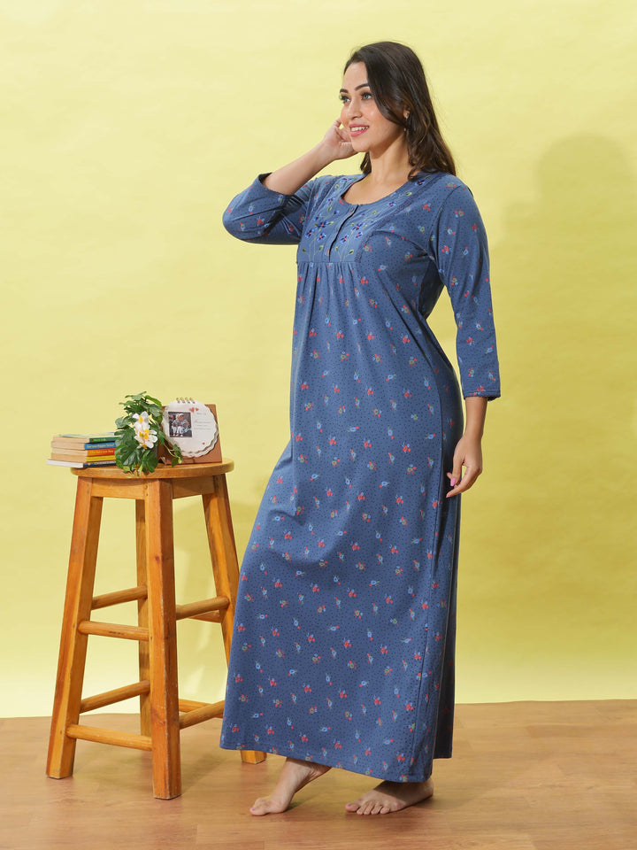 Powder Blue Floral Nighty with Embroidery & 3/4th Sleeves