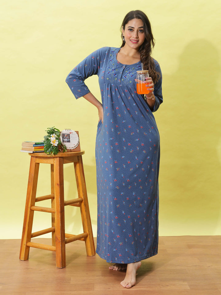 Powder Blue Floral Nighty with Embroidery & 3/4th Sleeves