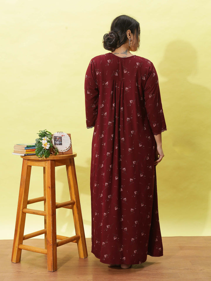 Alpine Maroon Designer Nighty for Women With Breathable & Stylish