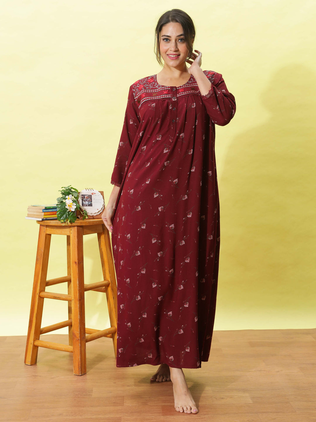 Alpine Maroon Designer Nighty for Women With Breathable & Stylish