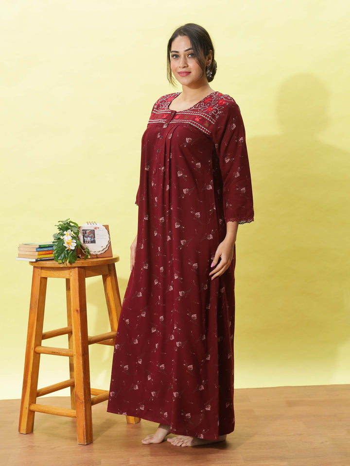 Alpine Maroon Designer Nighty for Women With Breathable & Stylish