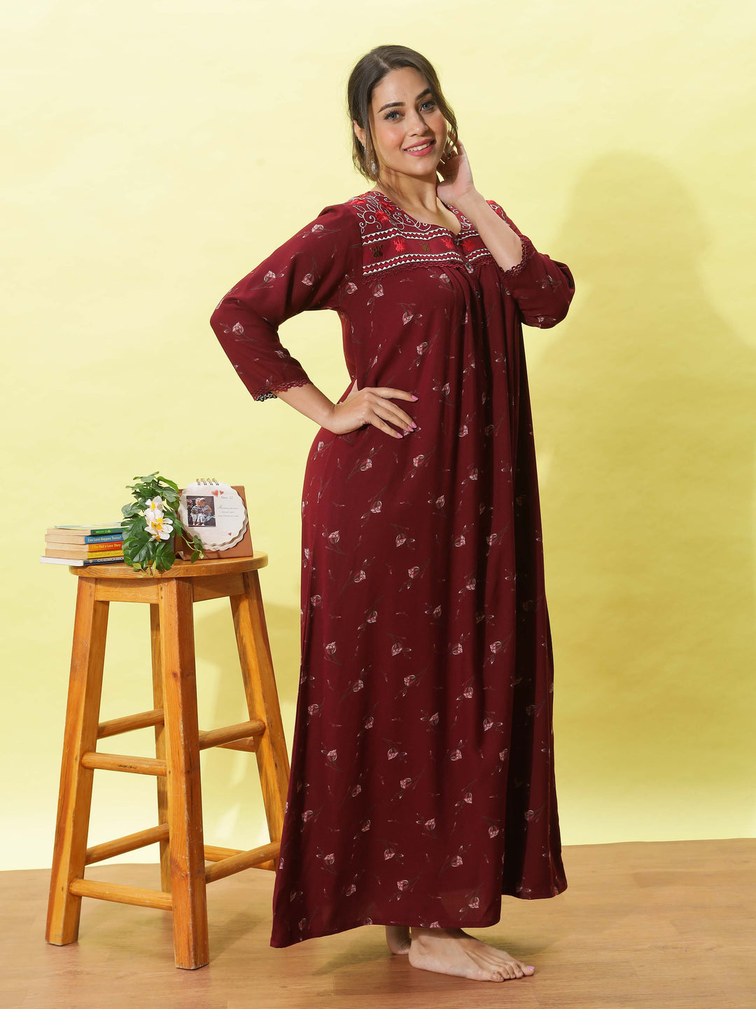 Alpine Maroon Designer Nighty for Women With Breathable & Stylish