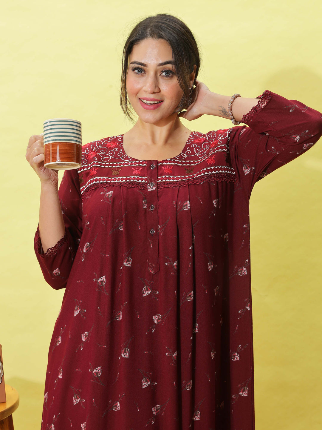 Alpine Maroon Designer Nighty for Women With Breathable & Stylish