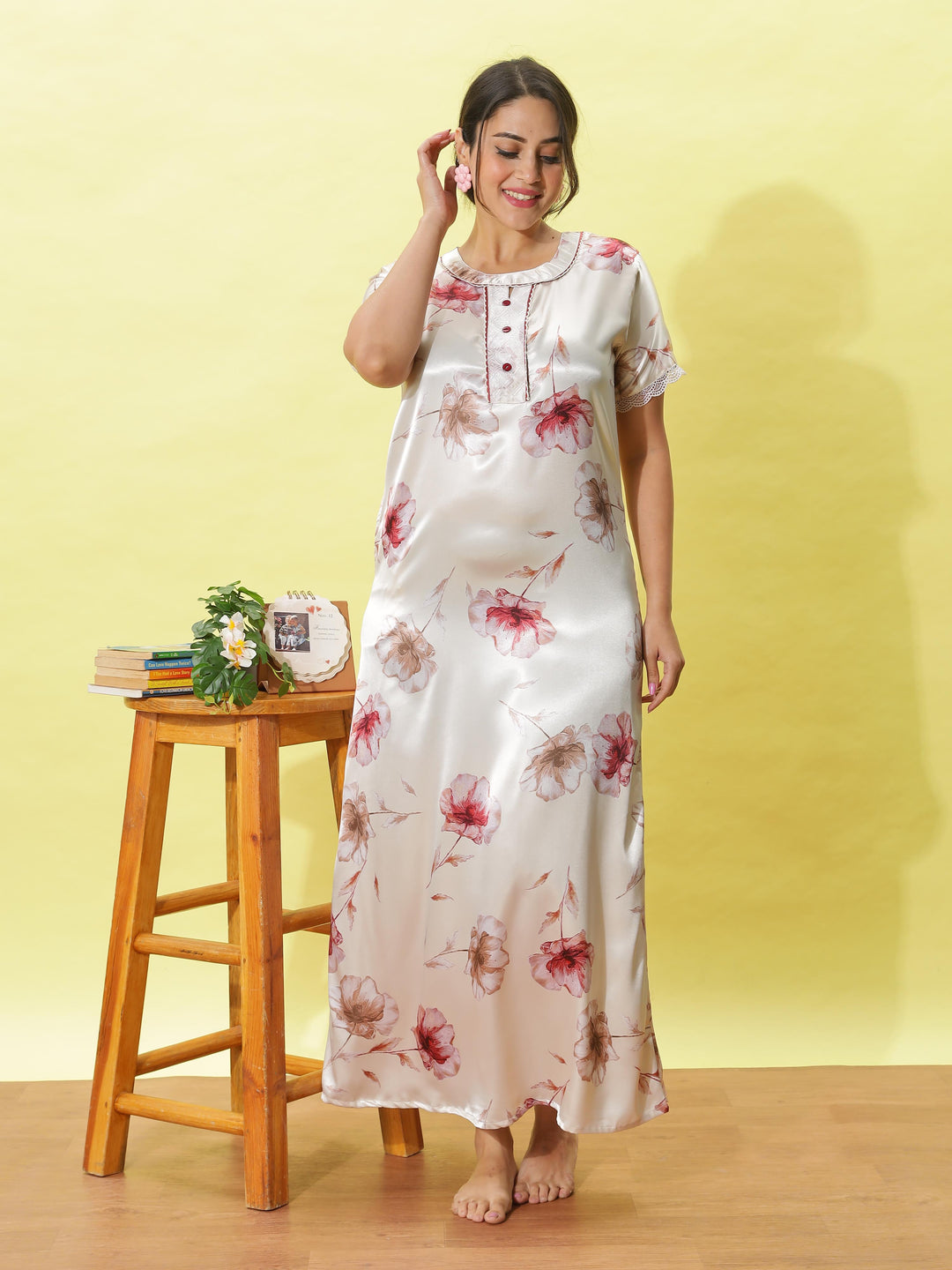 Light Cream Satin Nighty for Women With Elegant Tropical Printed Design