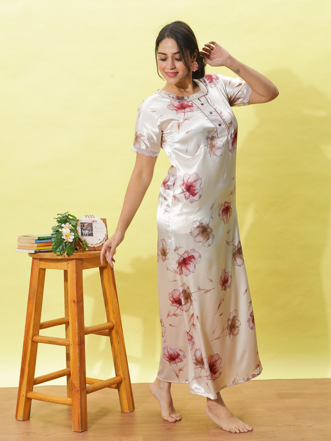 Light Cream Satin Nighty for Women With Elegant Tropical Printed Design