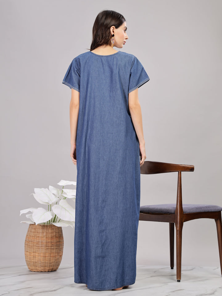 Intricate Embroidery Denim Blue Nighty - Soft Cotton for Cozy Comfort