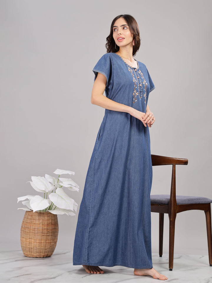 Intricate Embroidery Denim Blue Nighty - Soft Cotton for Cozy Comfort