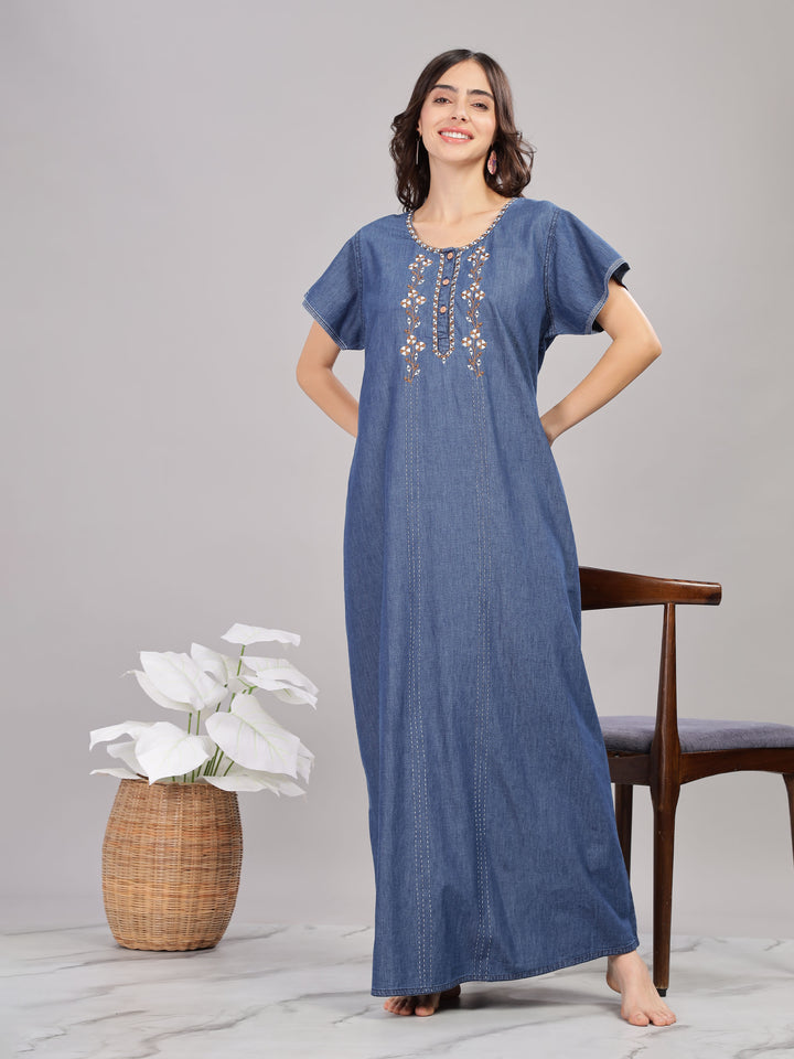 Intricate Embroidery Denim Blue Nighty - Soft Cotton for Cozy Comfort