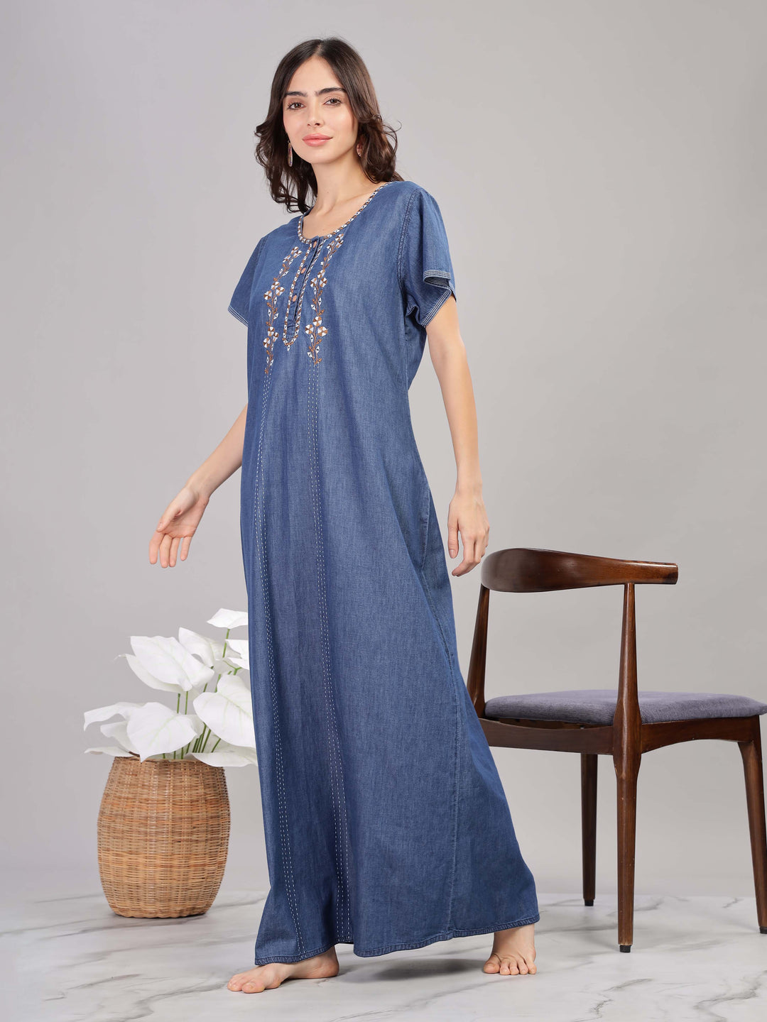 Intricate Embroidery Denim Blue Nighty - Soft Cotton for Cozy Comfort