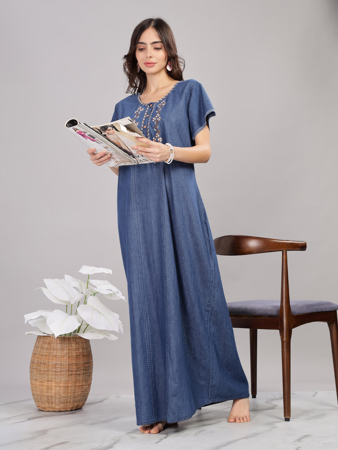 Intricate Embroidery Denim Blue Nighty - Soft Cotton for Cozy Comfort