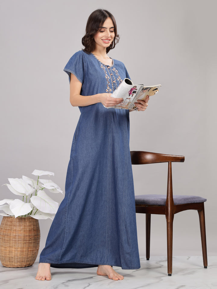 Intricate Embroidery Denim Blue Nighty - Soft Cotton for Cozy Comfort