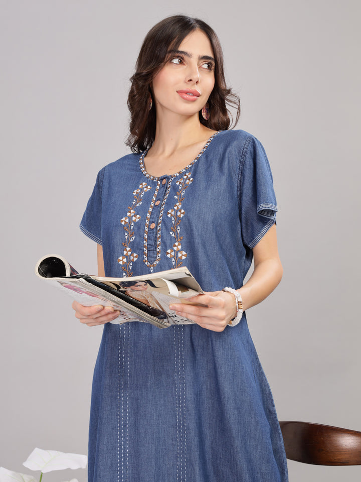 Intricate Embroidery Denim Blue Nighty - Soft Cotton for Cozy Comfort