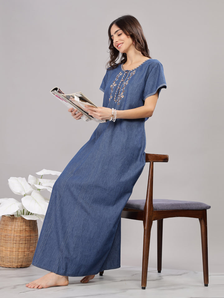 Intricate Embroidery Denim Blue Nighty - Soft Cotton for Cozy Comfort