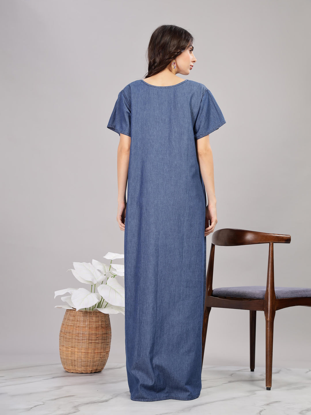 Denim Blue Soft Cotton Nighty | Floral Embroidery, Full-Length Comfort