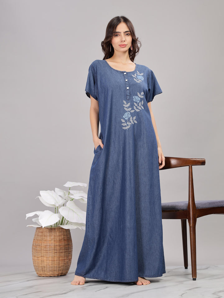 Denim Blue Soft Cotton Nighty | Floral Embroidery, Full-Length Comfort