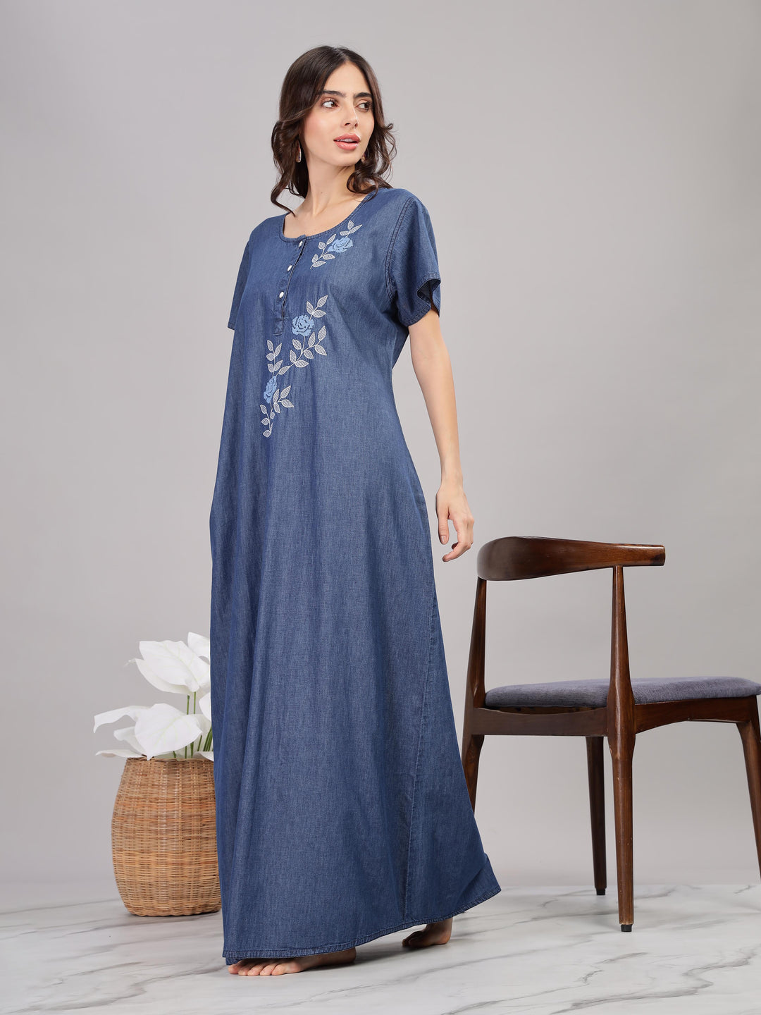 Denim Blue Soft Cotton Nighty | Floral Embroidery, Full-Length Comfort