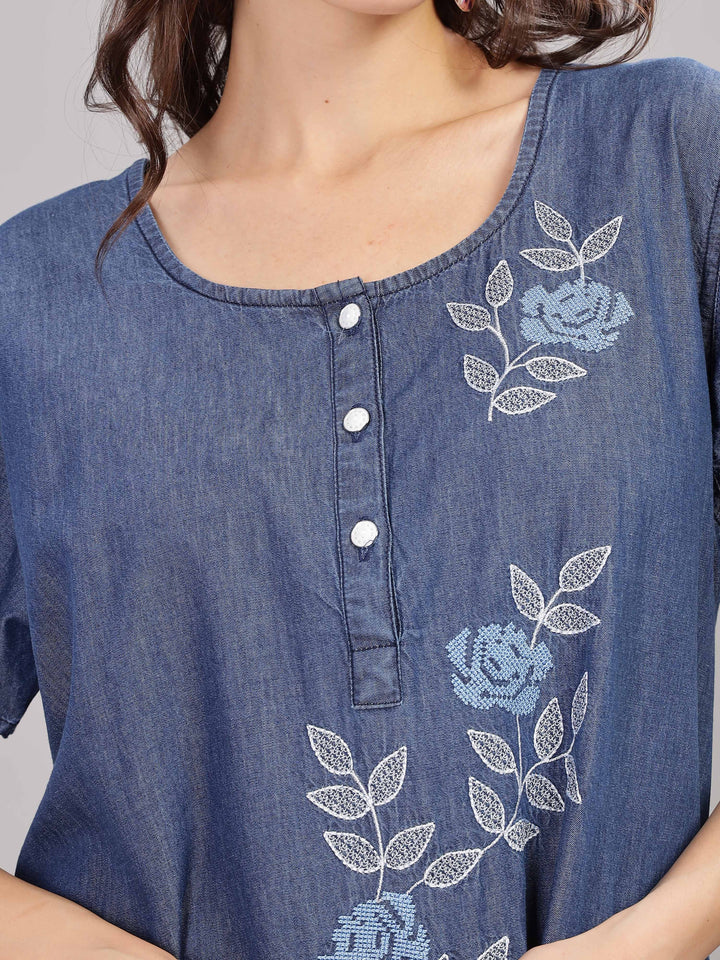 Denim Blue Soft Cotton Nighty | Floral Embroidery, Full-Length Comfort