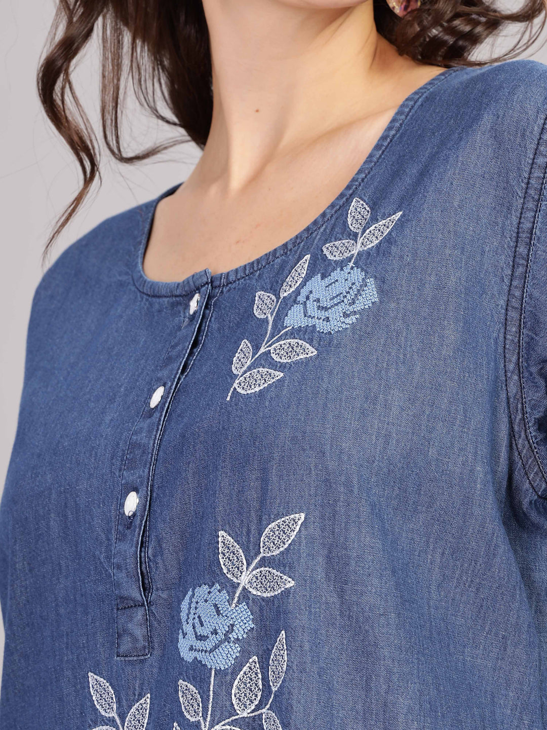 Denim Blue Soft Cotton Nighty | Floral Embroidery, Full-Length Comfort