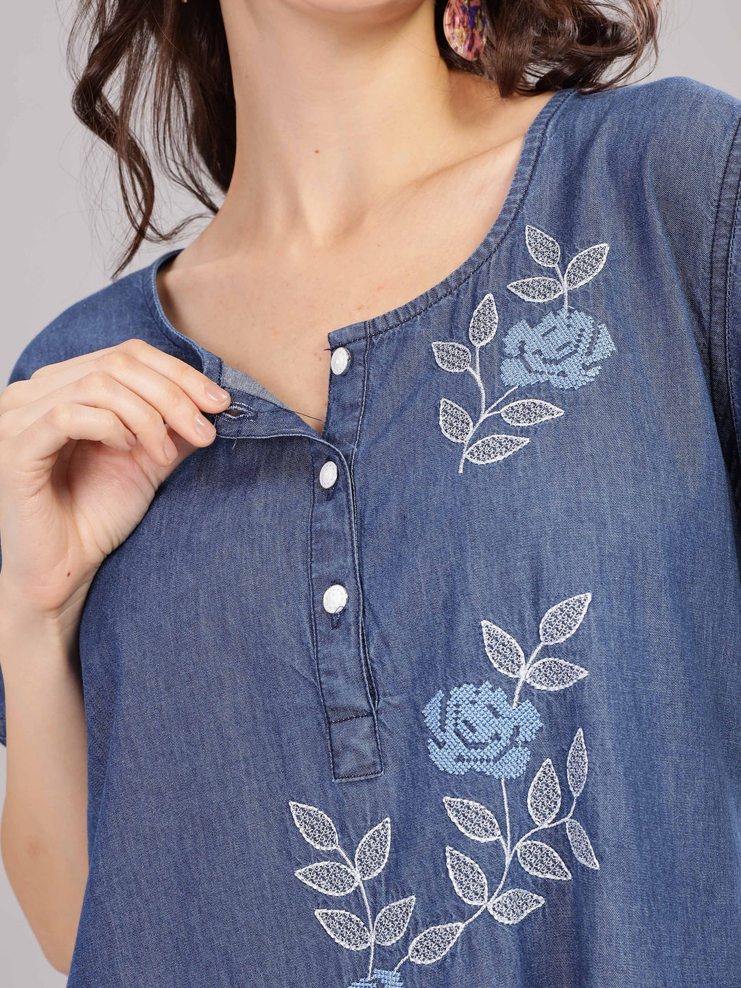 Denim Blue Soft Cotton Nighty | Floral Embroidery, Full-Length Comfort