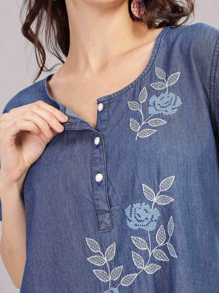 Denim Blue Soft Cotton Nighty | Floral Embroidery, Full-Length Comfort