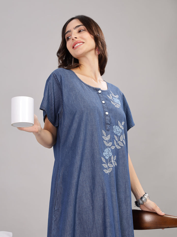 Denim Blue Soft Cotton Nighty | Floral Embroidery, Full-Length Comfort