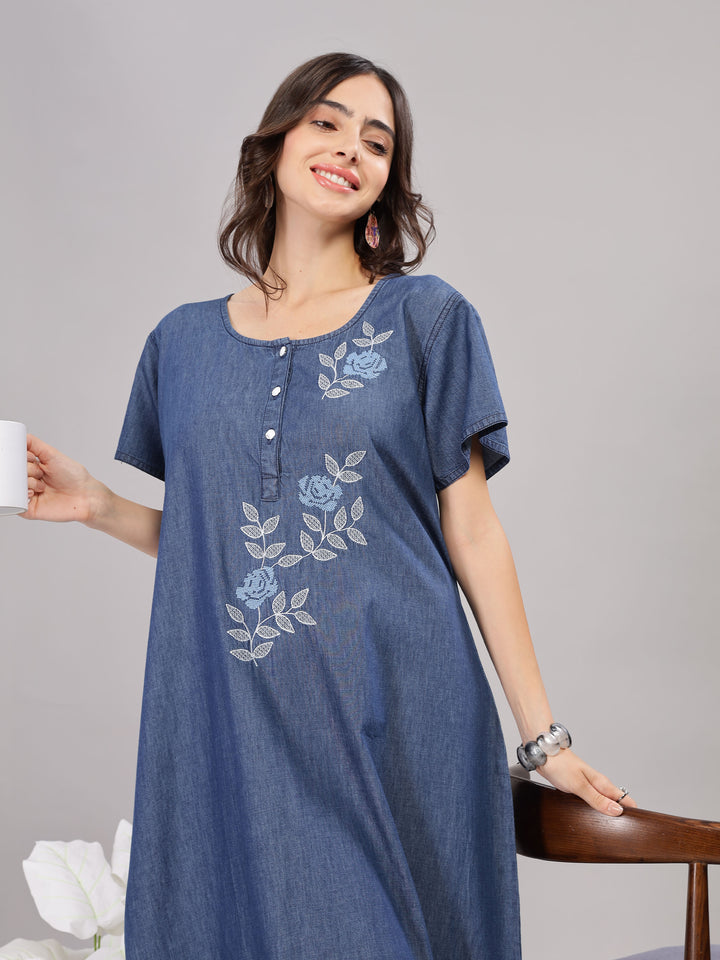 Denim Blue Soft Cotton Nighty | Floral Embroidery, Full-Length Comfort