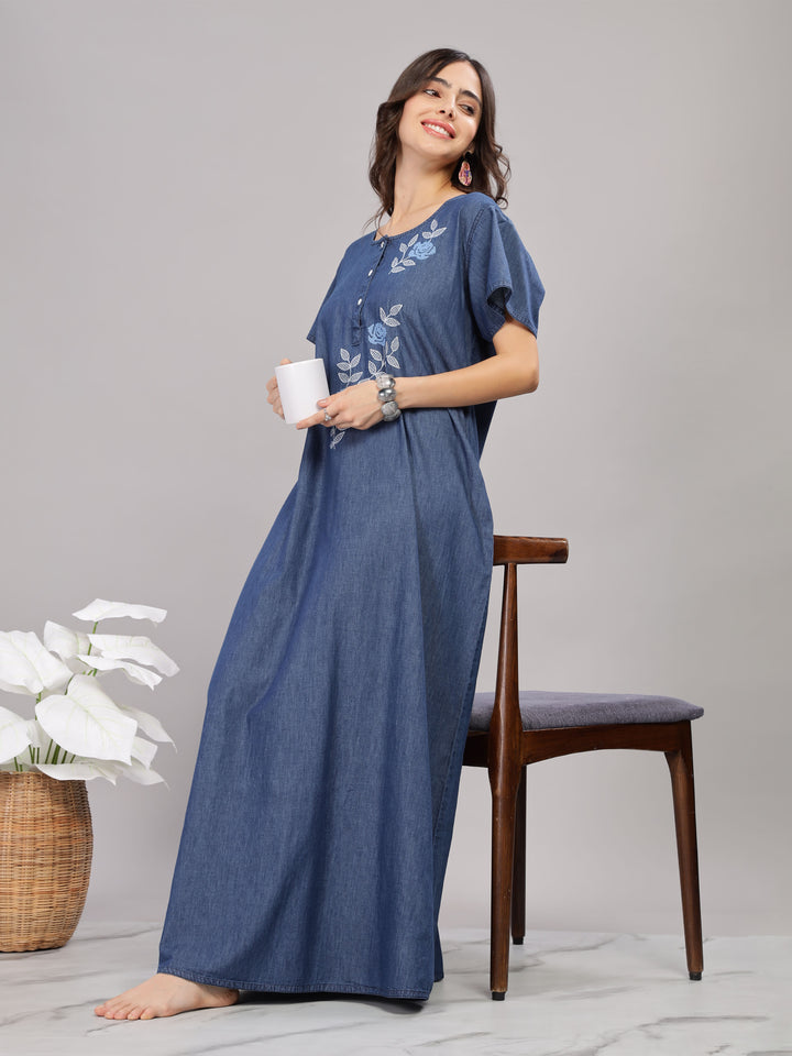 Denim Blue Soft Cotton Nighty | Floral Embroidery, Full-Length Comfort