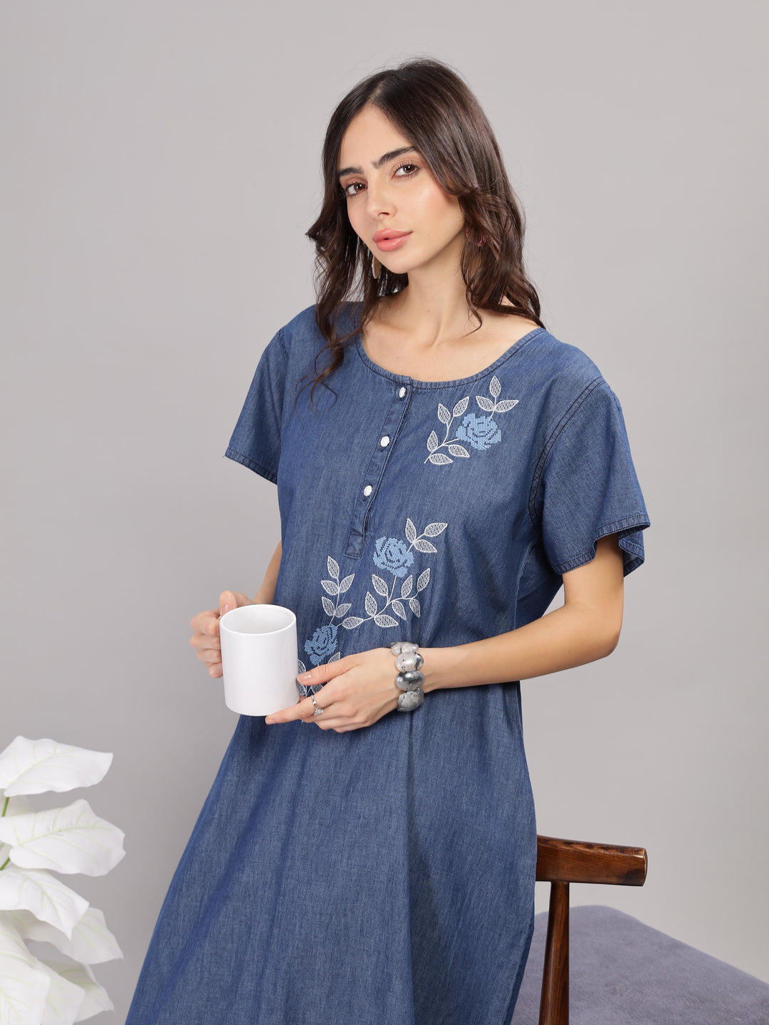 Denim Blue Soft Cotton Nighty | Floral Embroidery, Full-Length Comfort