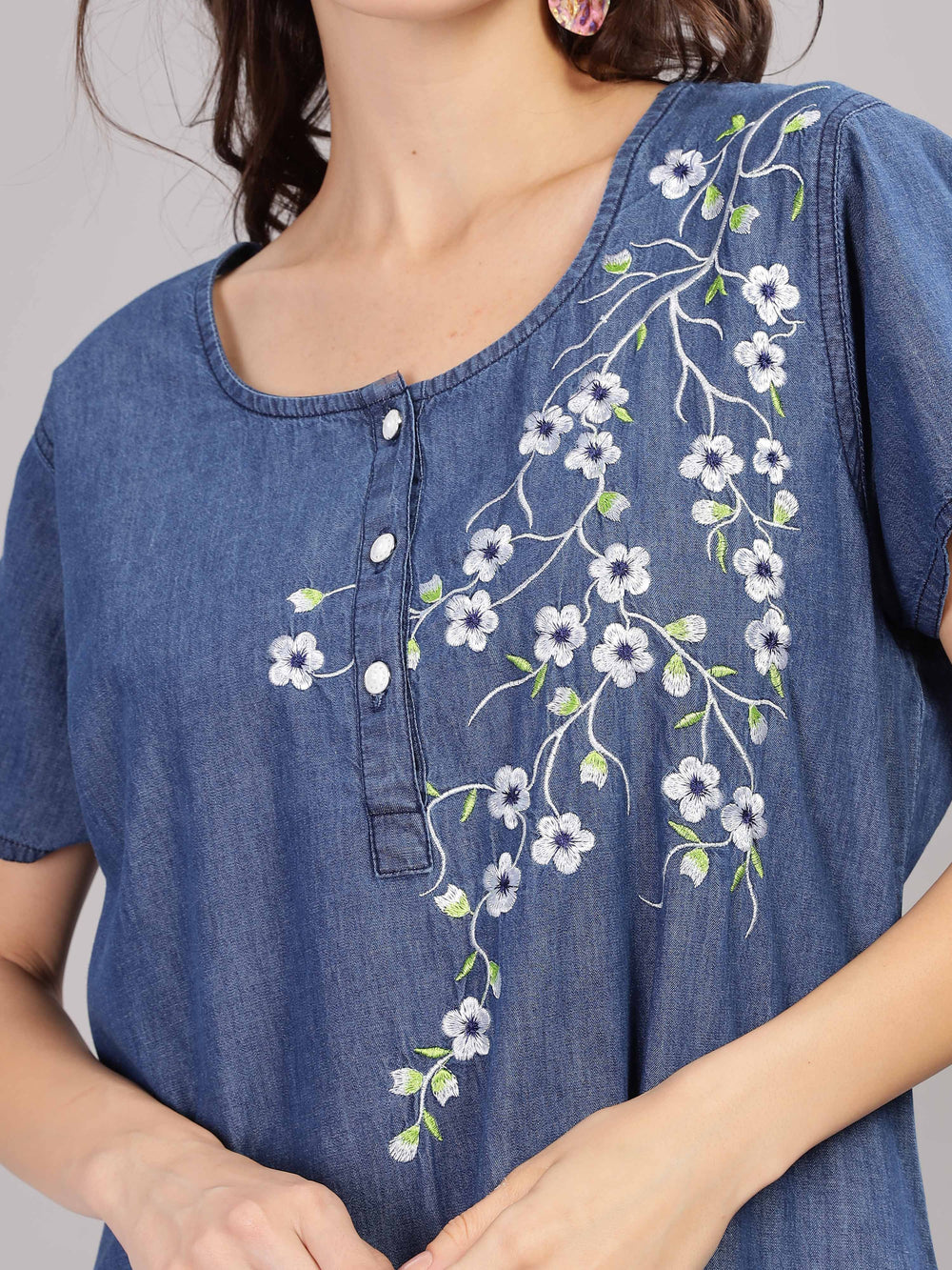 Denim floral print cotton nighty