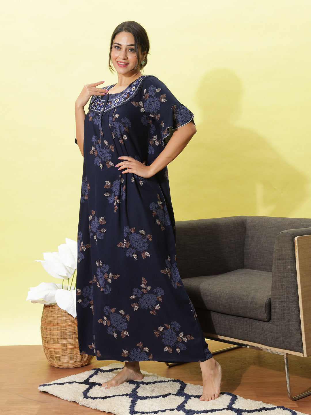 Deep Blue Alpine Nighty for Women With Floral Print Maxi Nightdress