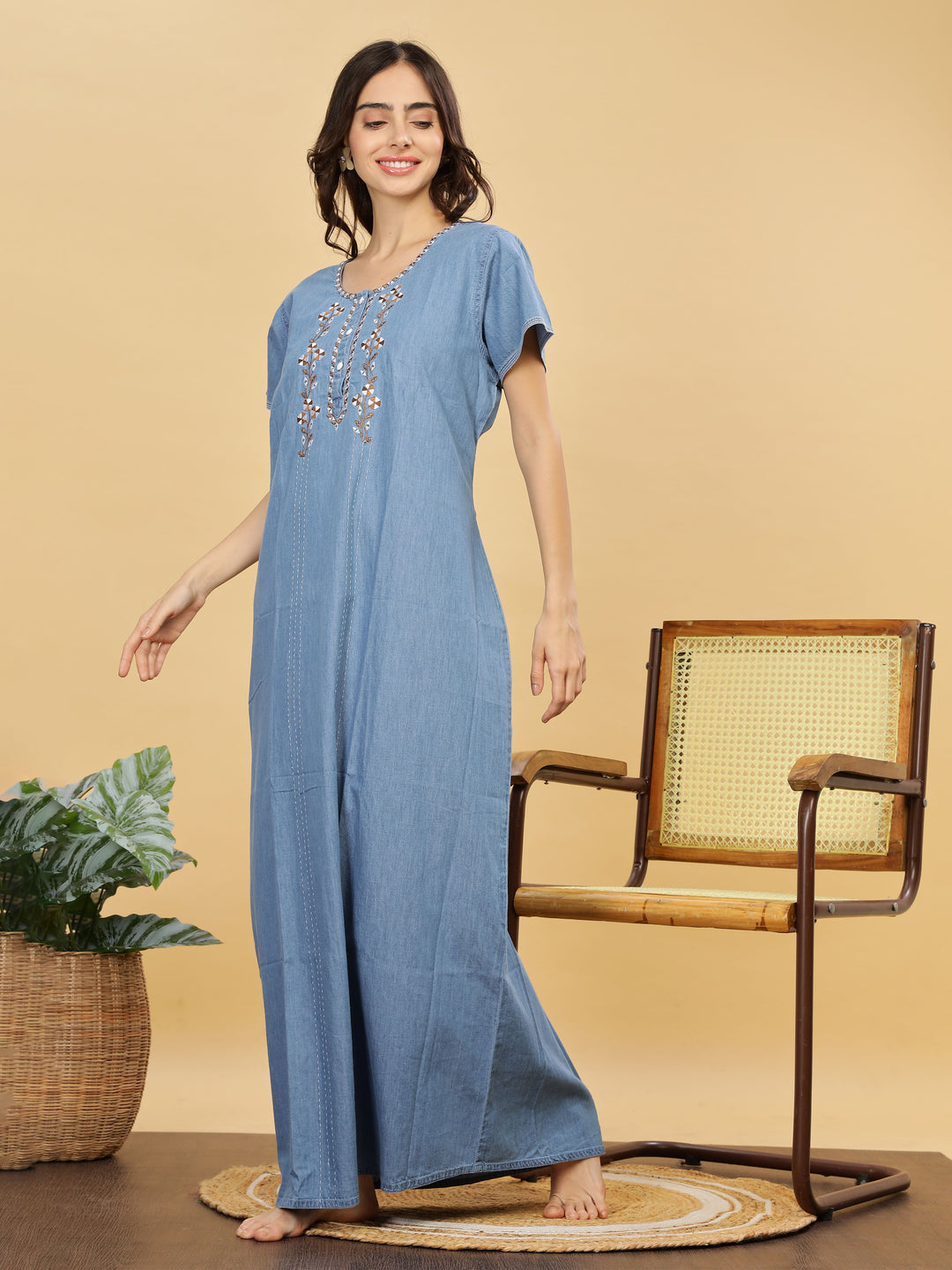 Intricate Embroidery Sky Blue Nighty - Luxurious Cotton Lounge Wear