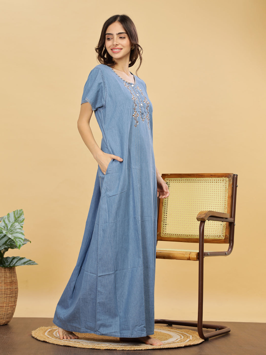 Intricate Embroidery Sky Blue Nighty - Luxurious Cotton Lounge Wear