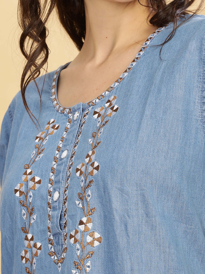 Intricate Embroidery Sky Blue Nighty - Luxurious Cotton Lounge Wear