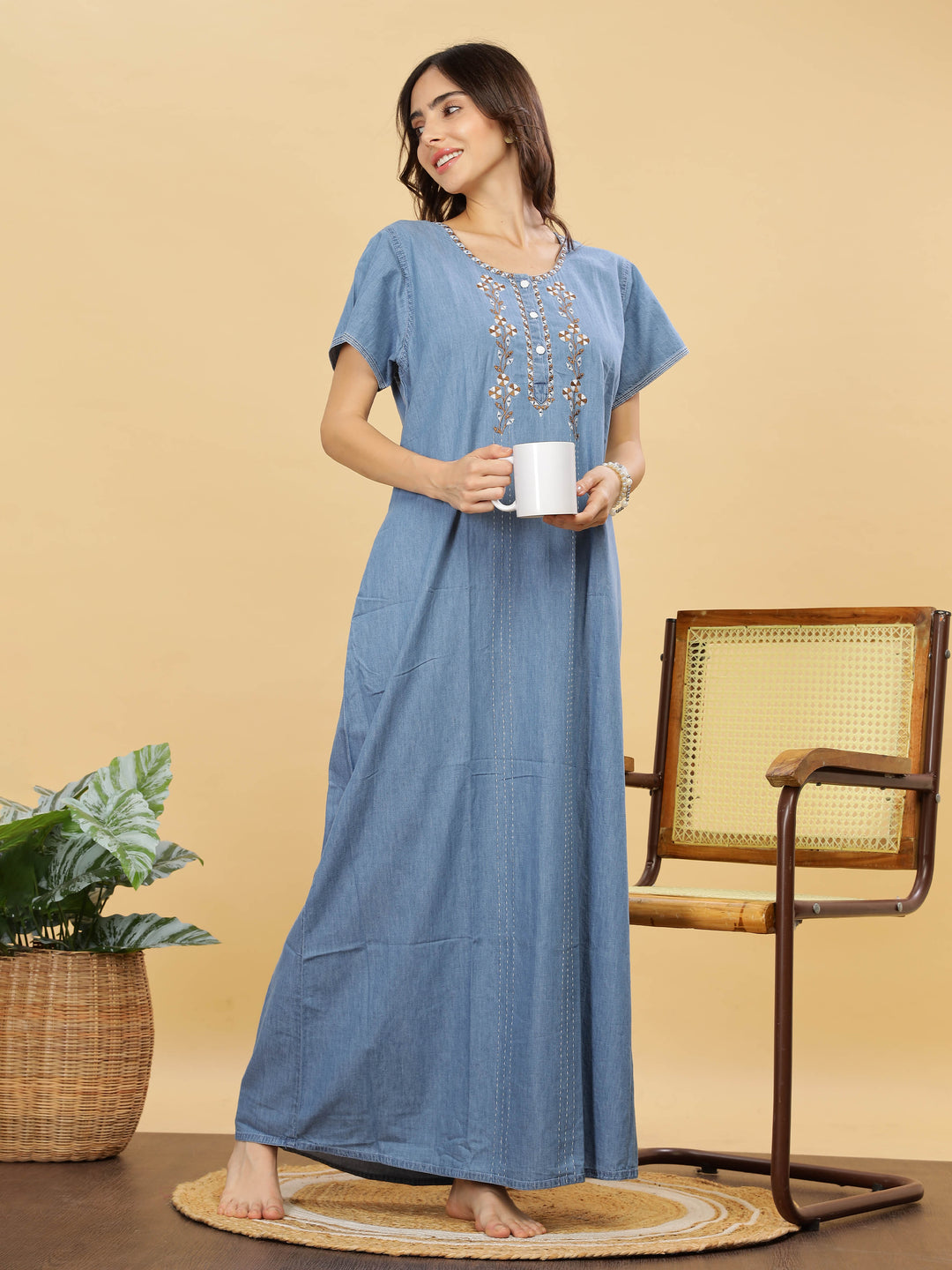 Intricate Embroidery Sky Blue Nighty - Luxurious Cotton Lounge Wear